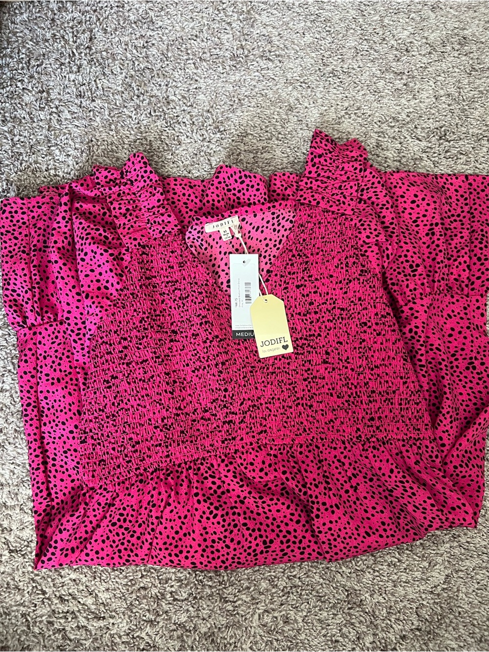 JODIFL Women's Hot Pink Smocked Polka Dot Midi Dress